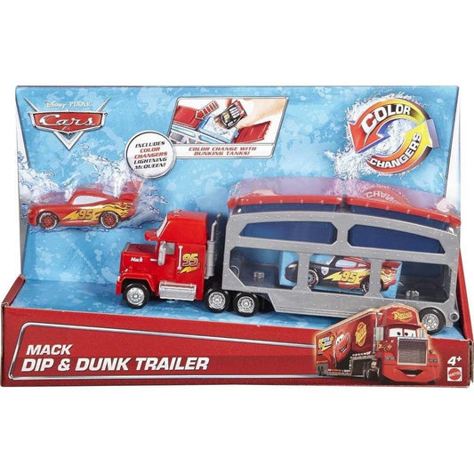 Mattel-Pixar Cars Mack Toy Truck & Lightning McQueen Color-Change Car, Dip & Dunk Trailer with 2 Levels & 2 Water Tanks