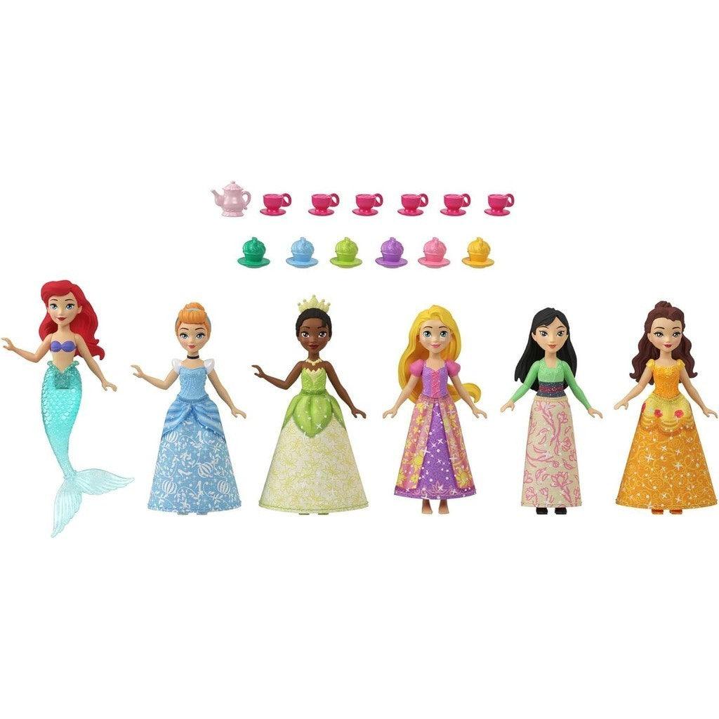 Mattel Disney Princess Toys, 6 Posable Small Dolls with Sparkling Clothing and 13 Tea Party Accessories Inspired