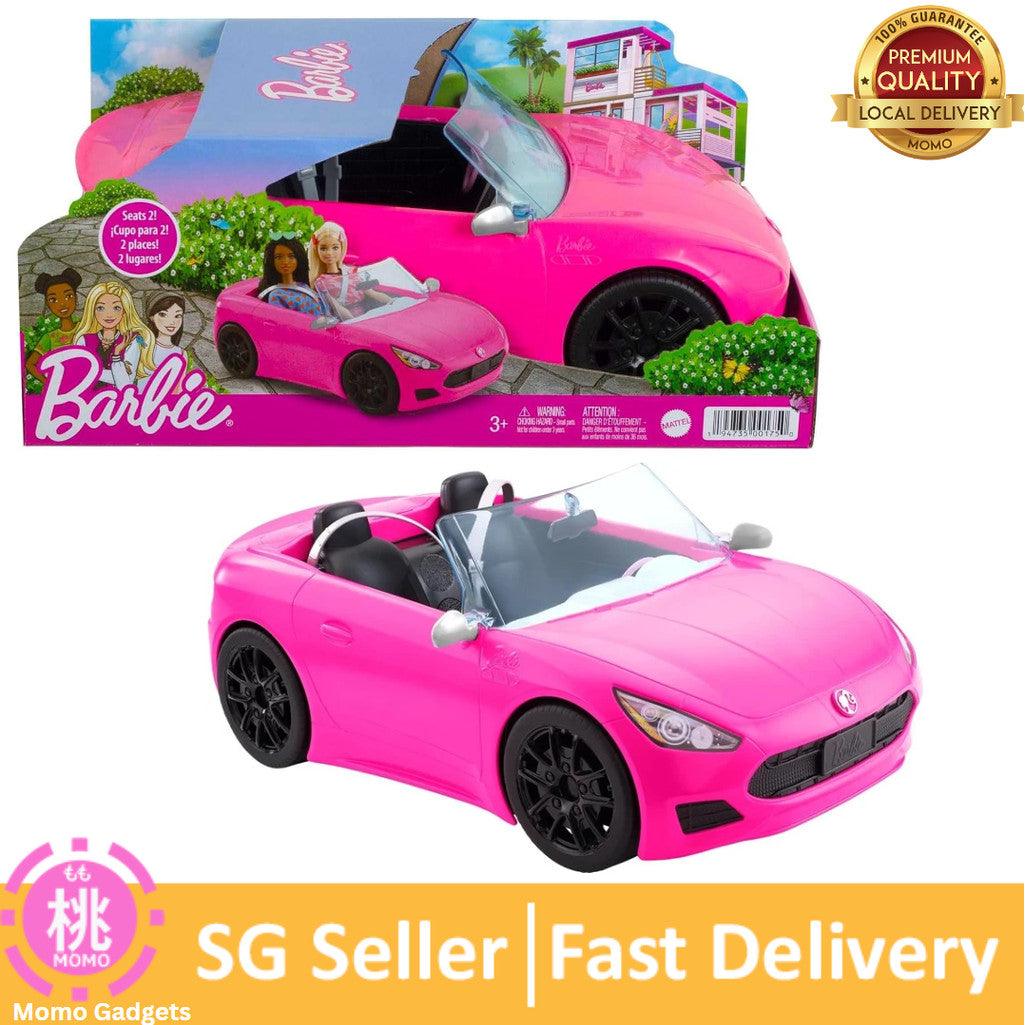 Barbie Toy Car, Bright Pink Doll-Sized Convertible with 2 Seats, Seatbelts & Rolling Wheels, Realistic Details