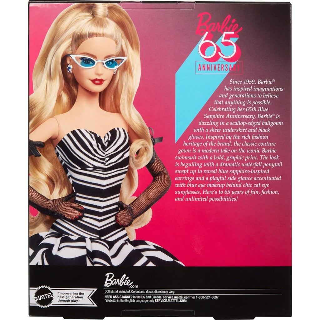 Barbie Signature Doll,65th Anniversary Collectible with Blonde Hair,Black& White Gown,Sapphire Gem Earrings & Sunglasses