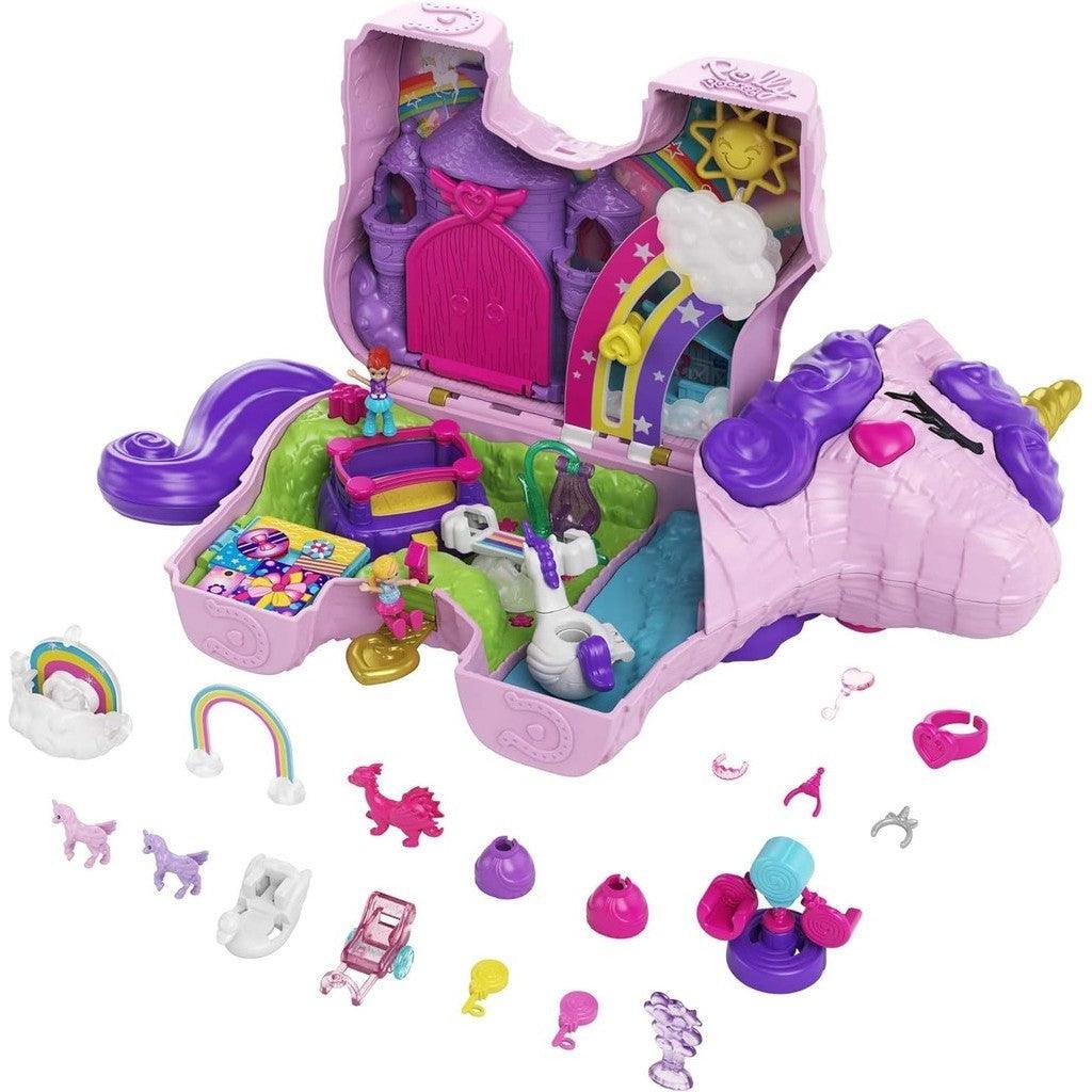 Polly Pocket 2-in-1 Travel Toy Playset, Unicorn Toy with 2 Dolls & 25 Surprise Accessories