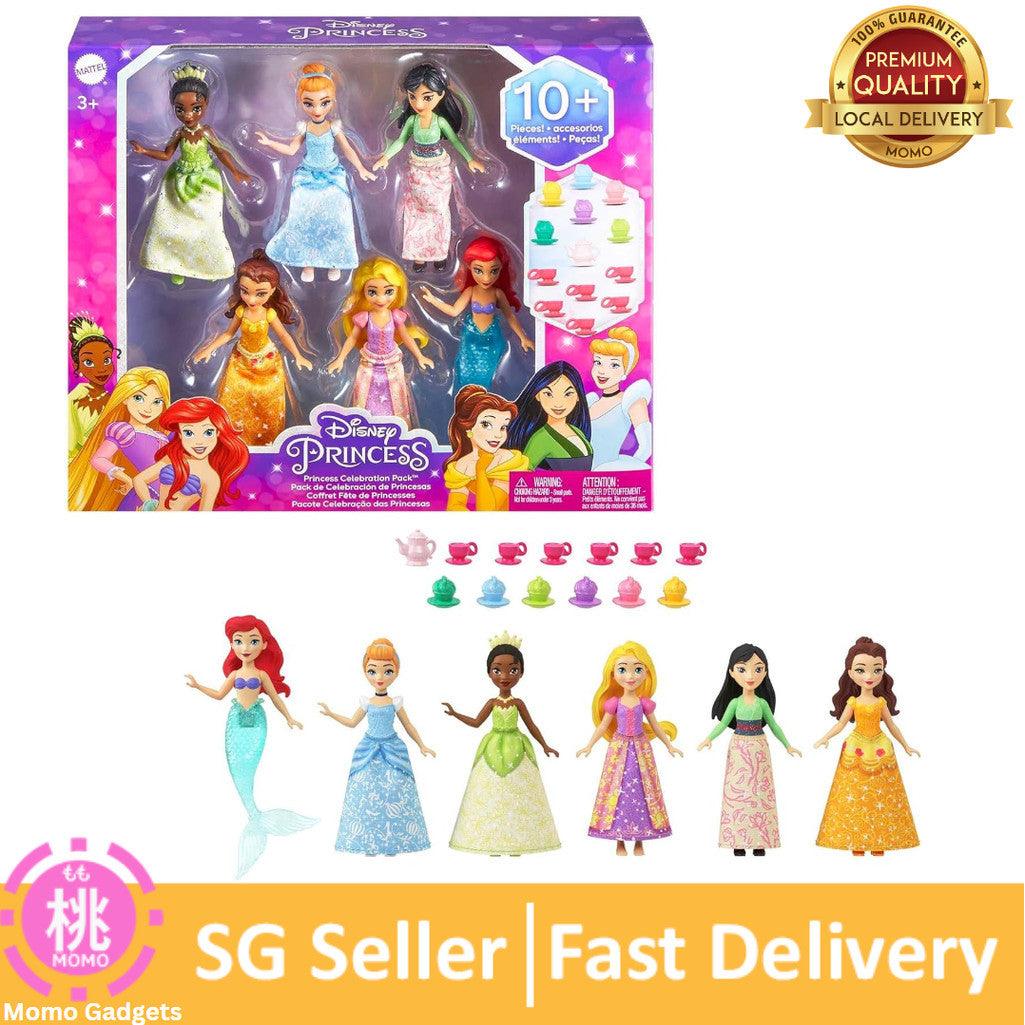 Mattel Disney Princess Toys, 6 Posable Small Dolls with Sparkling Clothing and 13 Tea Party Accessories Inspired