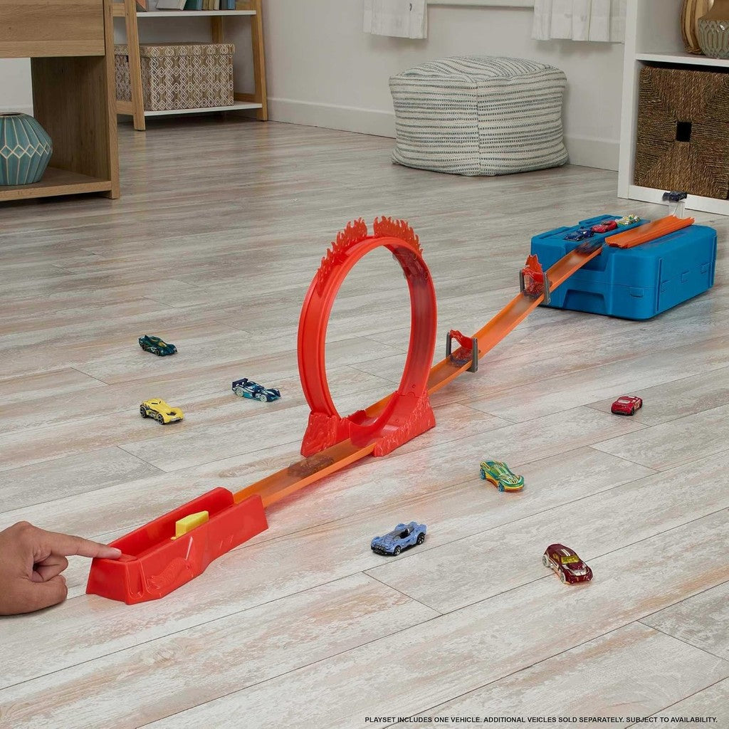 Hot Wheels Toy Car Track Set, Track Builder Playset Flame Stunt Pack Vehicle in Modular Storage Container