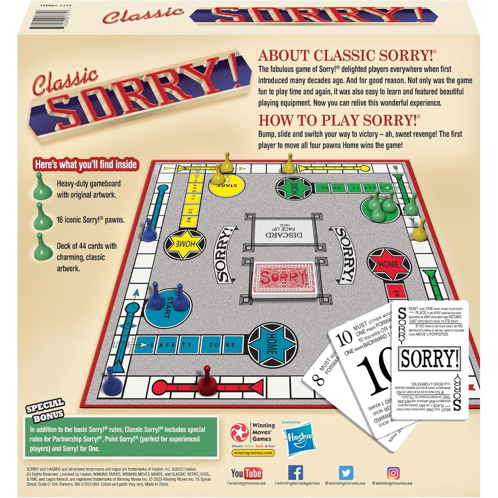 Classic Sorry With Retro Artwork and Components by Winning Moves Games USA, for 1-4 Players, Ages 6+