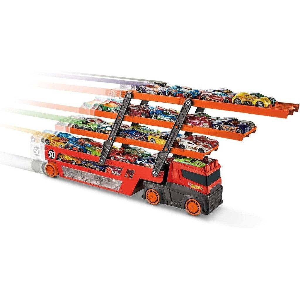 Hot Wheels Toy Car Track Set, Mega Hauler with 6 Expandable Levels, Storage for Up to 50 1:64 Scale Vehicles