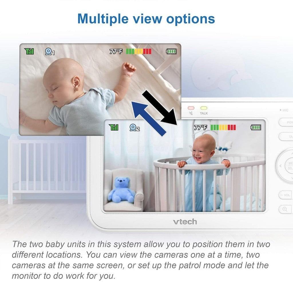 VTech Baby Monitor 5" Screen with 2 Cameras, Pan-Tilt- Zoom, Night Light, Glow On The Ceiling Projector, Two-Way Talk