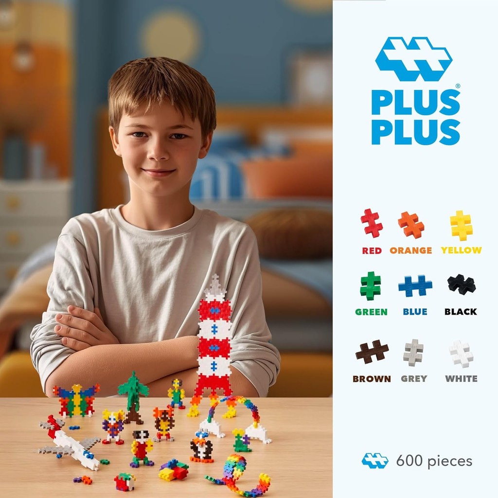 PLUS PLUS - Open Play Set - 600 Piece - Basic Color Mix, Construction Building Stem Toy, Interlocking Mini Puzzle Blocks