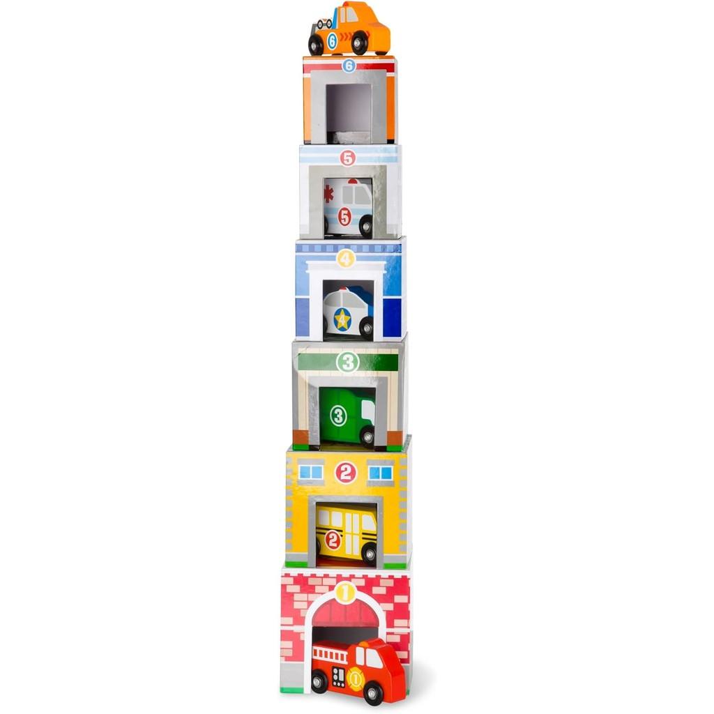 Melissa & Doug Nesting and Sorting Blocks - 6 Buildings, 6 Wooden Vehicles - FSC Certified