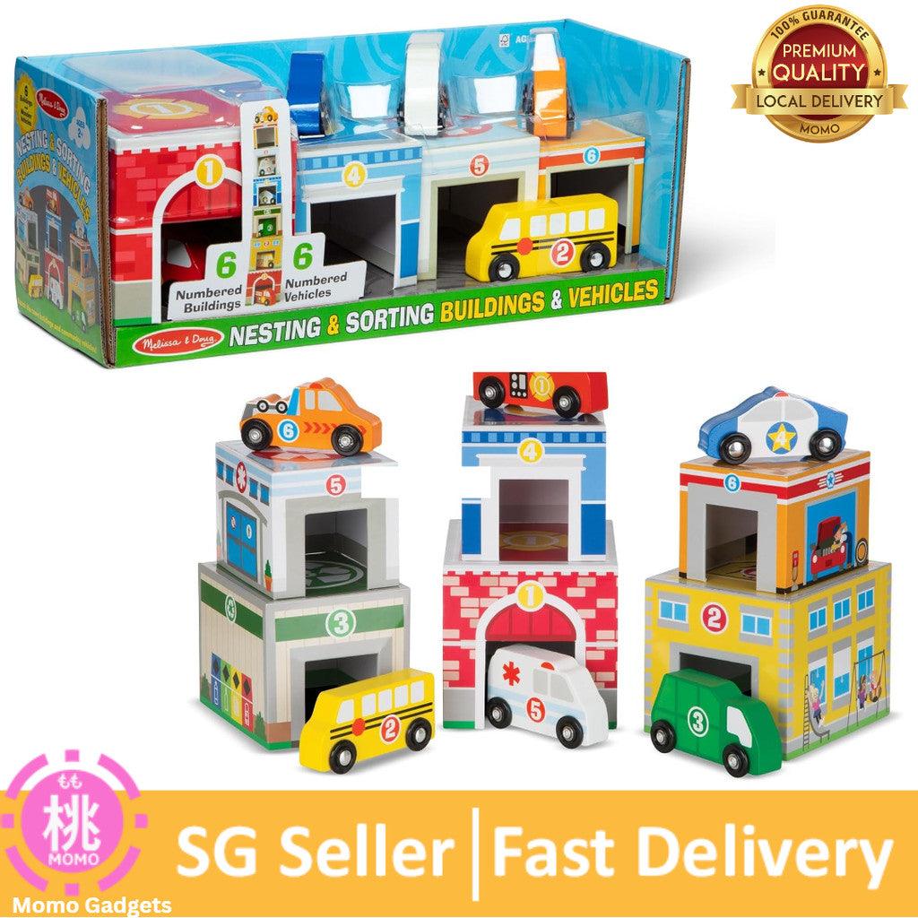 Melissa & Doug Nesting and Sorting Blocks - 6 Buildings, 6 Wooden Vehicles - FSC Certified