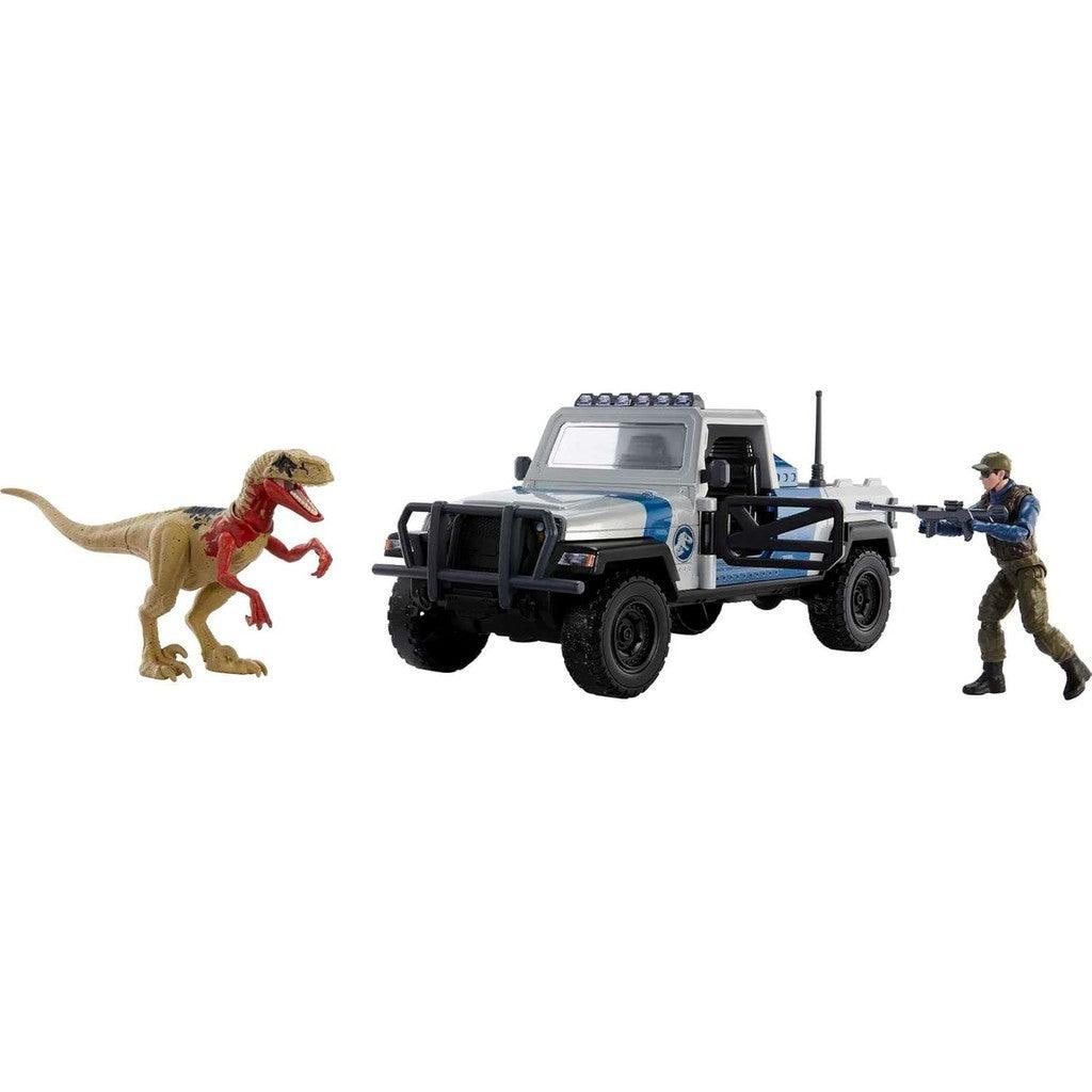 Mattel Jurassic World Search 'n Smash Truck Set with Atrociraptor Dinosaur & Human Action Figure