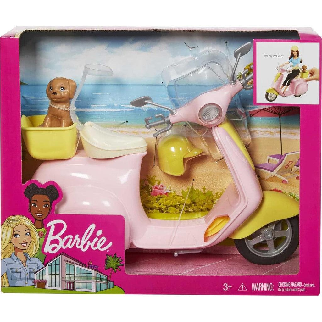 Barbie Toy Scooter with Puppy & Helmet Accessory, Pink & Yellow Moped with Basket, Kickstand & Seat Clip for Doll