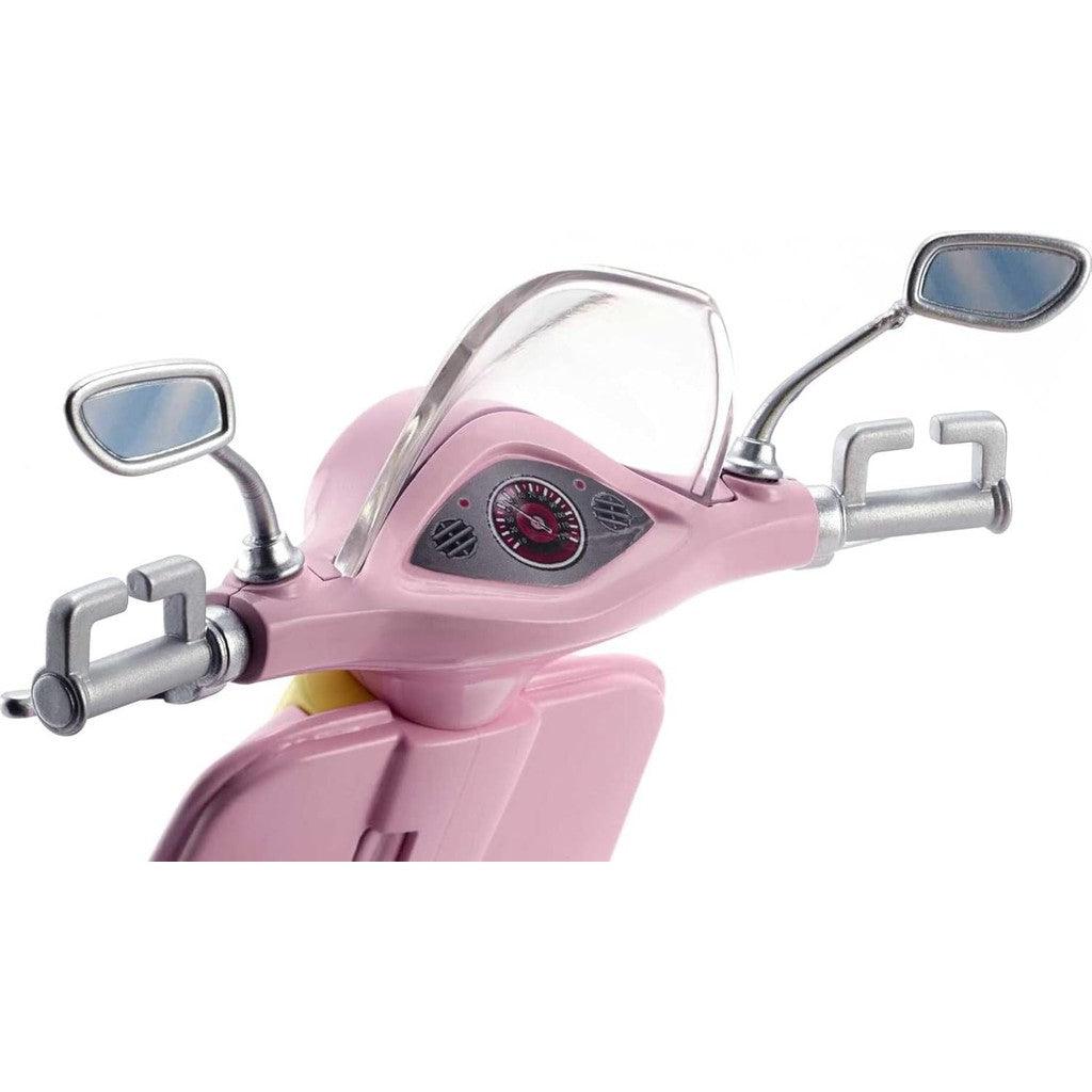 Barbie Toy Scooter with Puppy & Helmet Accessory, Pink & Yellow Moped with Basket, Kickstand & Seat Clip for Doll