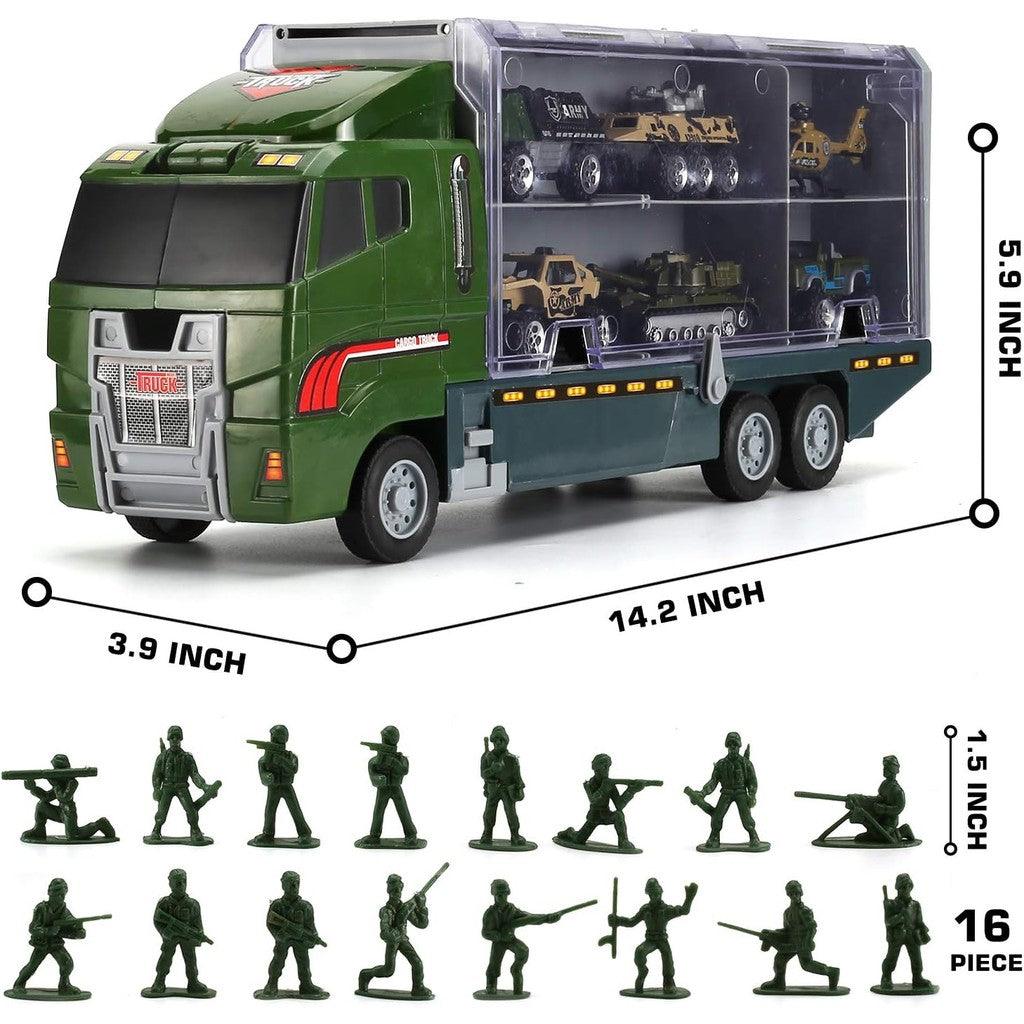 26 Pcs Military Truck with Soldier Men Set(2 in 1), Mini Die-cast Battle Car in Carrier Truck