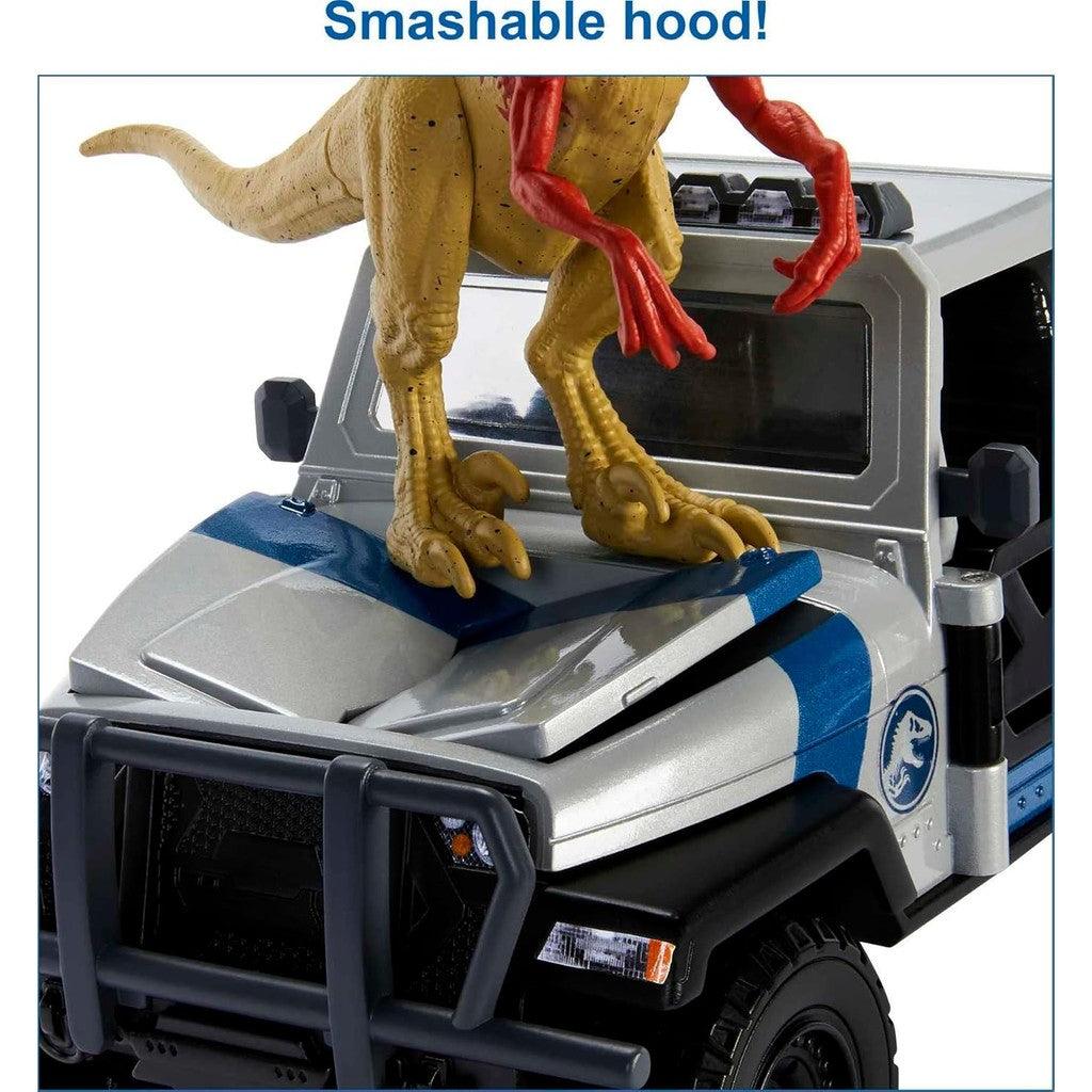 Mattel Jurassic World Search 'n Smash Truck Set with Atrociraptor Dinosaur & Human Action Figure