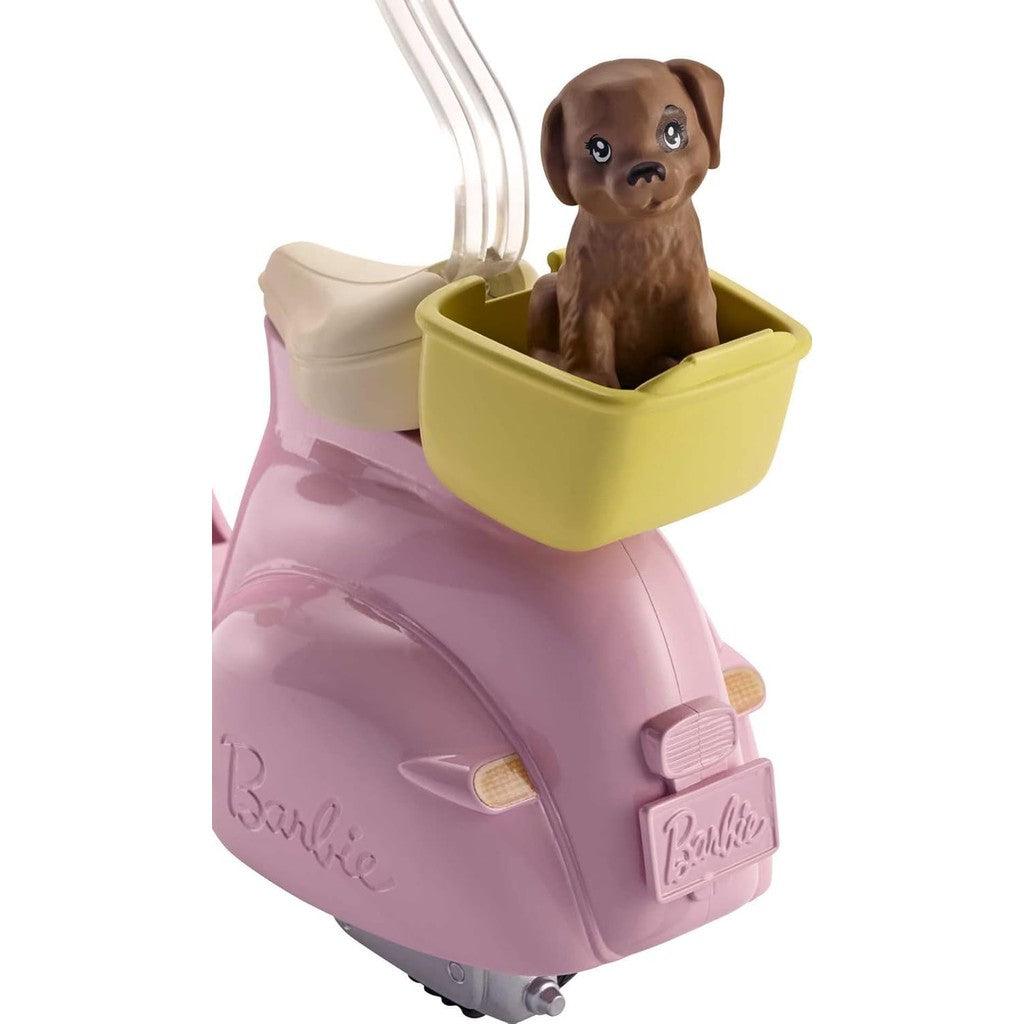 Barbie Toy Scooter with Puppy & Helmet Accessory, Pink & Yellow Moped with Basket, Kickstand & Seat Clip for Doll