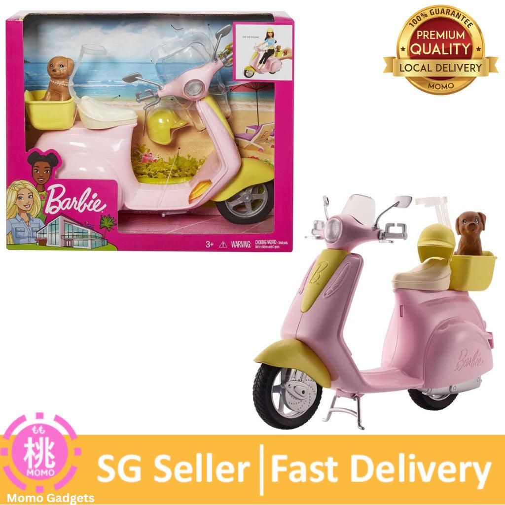 Barbie Toy Scooter with Puppy & Helmet Accessory, Pink & Yellow Moped with Basket, Kickstand & Seat Clip for Doll