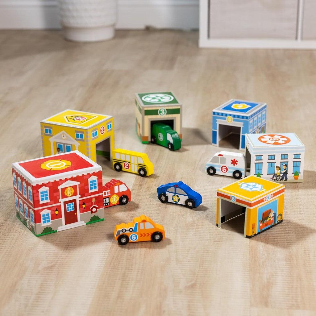 Melissa & Doug Nesting and Sorting Blocks - 6 Buildings, 6 Wooden Vehicles - FSC Certified