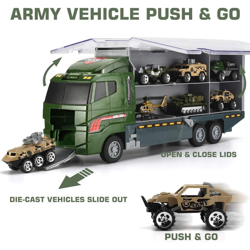 26 Pcs Military Truck with Soldier Men Set(2 in 1), Mini Die-cast Battle Car in Carrier Truck