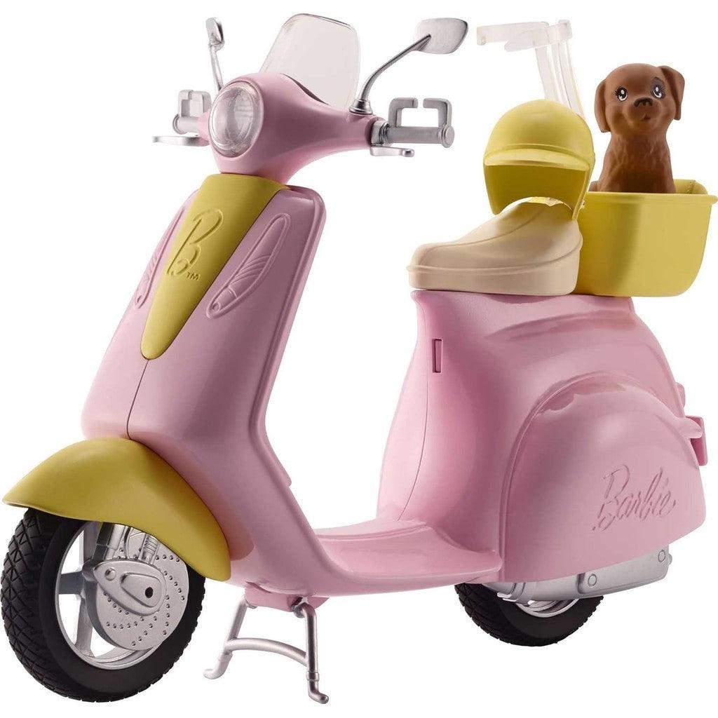 Barbie Toy Scooter with Puppy & Helmet Accessory, Pink & Yellow Moped with Basket, Kickstand & Seat Clip for Doll