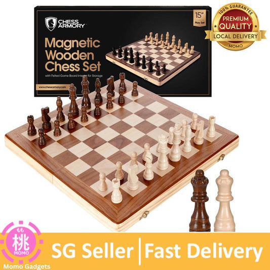 Chess Armory Chess Set 15 Inch Magnetic Wooden Chess Board Game for Adults and Kids with Extra Queen Pieces&Storage Box