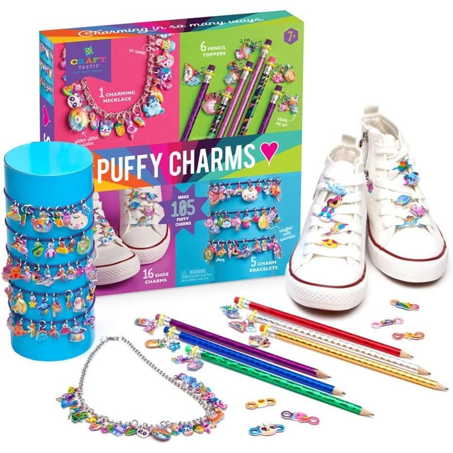 Craft-tastic – DIY Puffy Sticker Charms – Craft Kit Makes a Necklace, 5 Bracelets, 6 Pencil Toppers, and 16 Shoe Charms