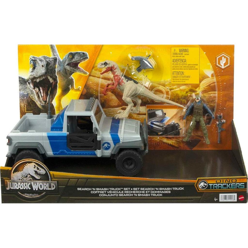 Mattel Jurassic World Search 'n Smash Truck Set with Atrociraptor Dinosaur & Human Action Figure