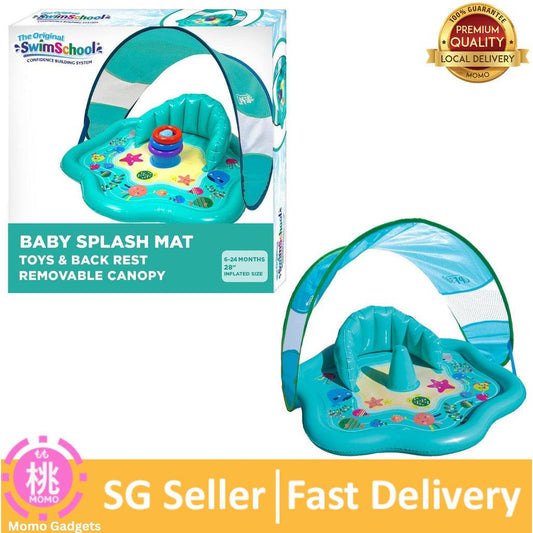 SwimSchool Baby Splash Play Mat with Adjustable Canopy – Inflatable Play Pool for Babies & Infants with Backrest