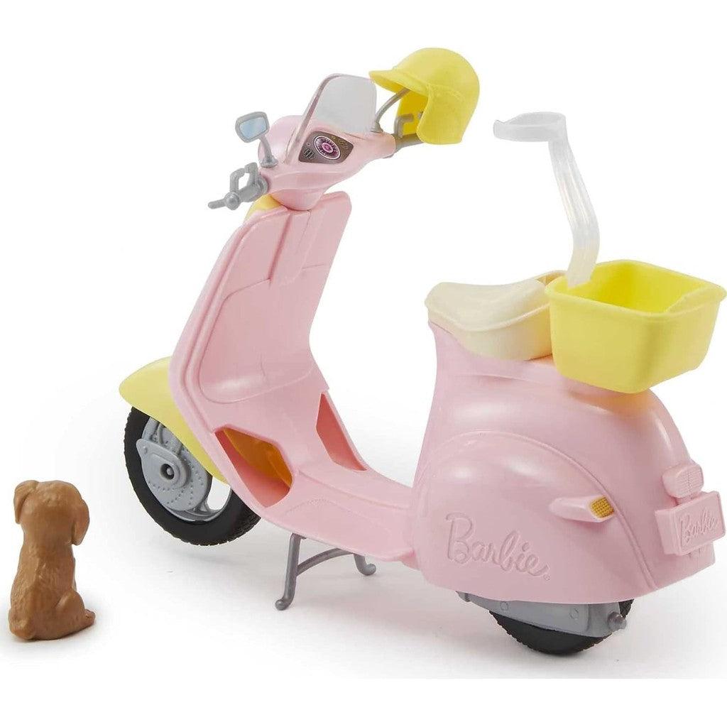 Barbie Toy Scooter with Puppy & Helmet Accessory, Pink & Yellow Moped with Basket, Kickstand & Seat Clip for Doll