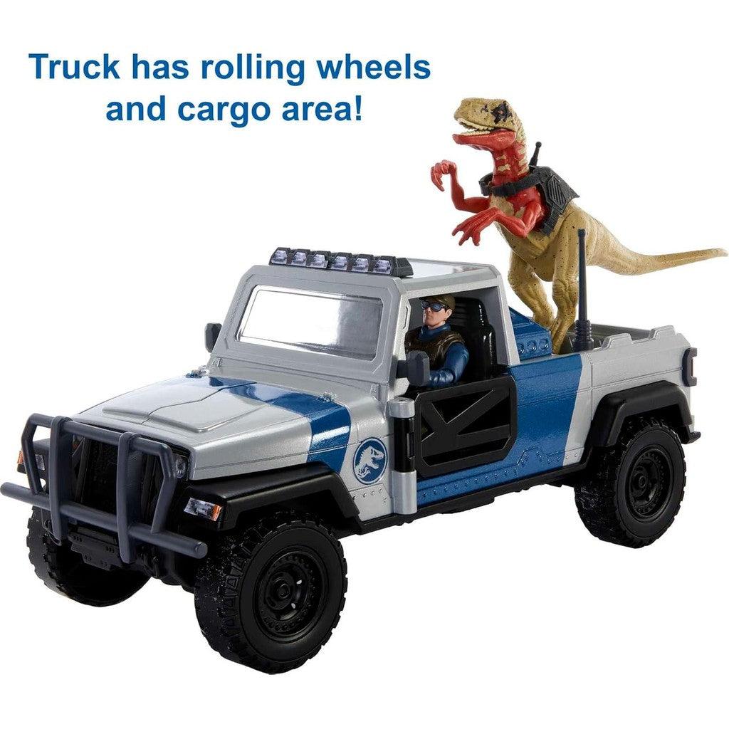 Mattel Jurassic World Search 'n Smash Truck Set with Atrociraptor Dinosaur & Human Action Figure