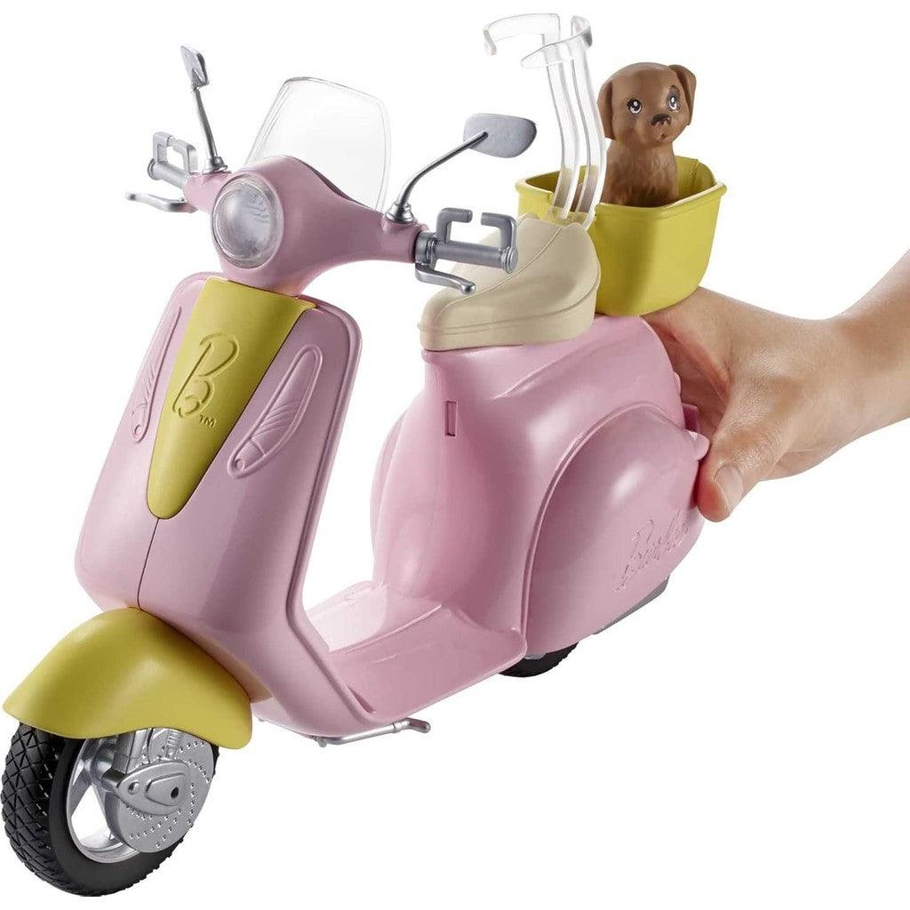 Barbie Toy Scooter with Puppy & Helmet Accessory, Pink & Yellow Moped with Basket, Kickstand & Seat Clip for Doll