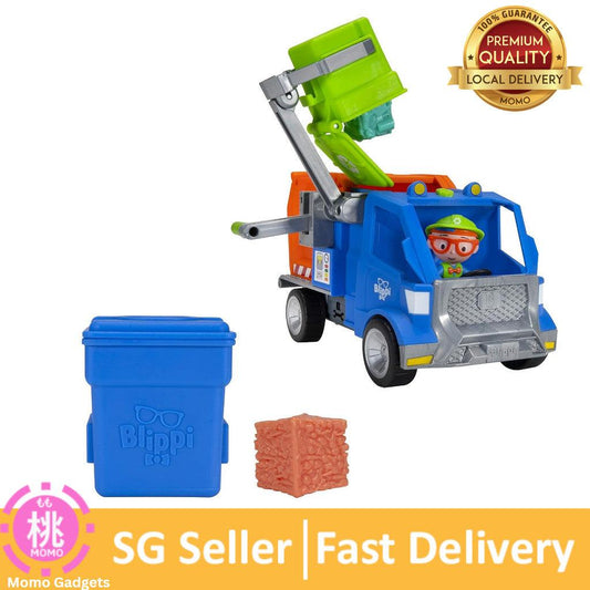 Blippi Recycling Truck - Includes Character Figure, Working Lever, 2 Trash Cubes, 2 Recycling Bins
