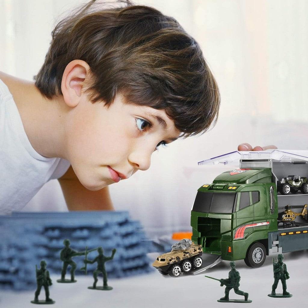 26 Pcs Military Truck with Soldier Men Set(2 in 1), Mini Die-cast Battle Car in Carrier Truck