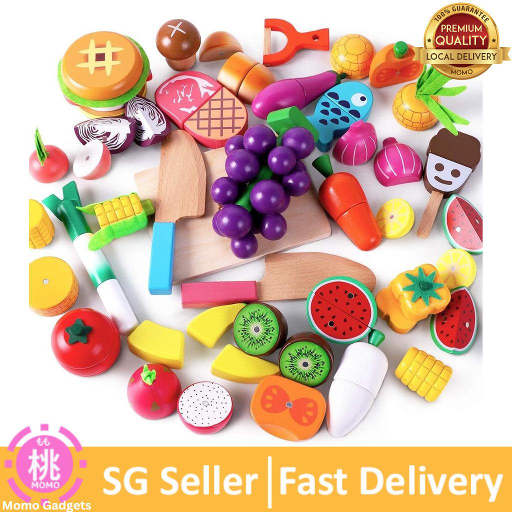 iPlay-iLearn Wooden Play Food Toy,Kids Wood Cutting Magnetic Fruit Vegetables,Toddler Cooking Food Set