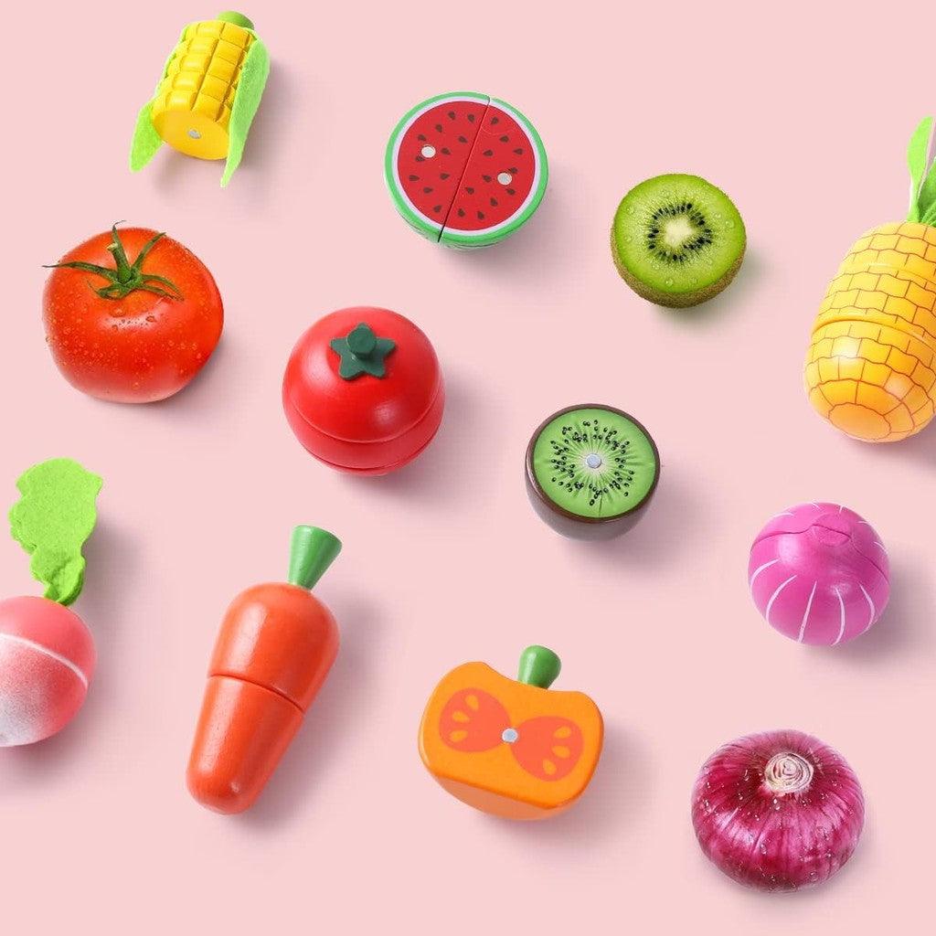 iPlay-iLearn Wooden Play Food Toy,Kids Wood Cutting Magnetic Fruit Vegetables,Toddler Cooking Food Set