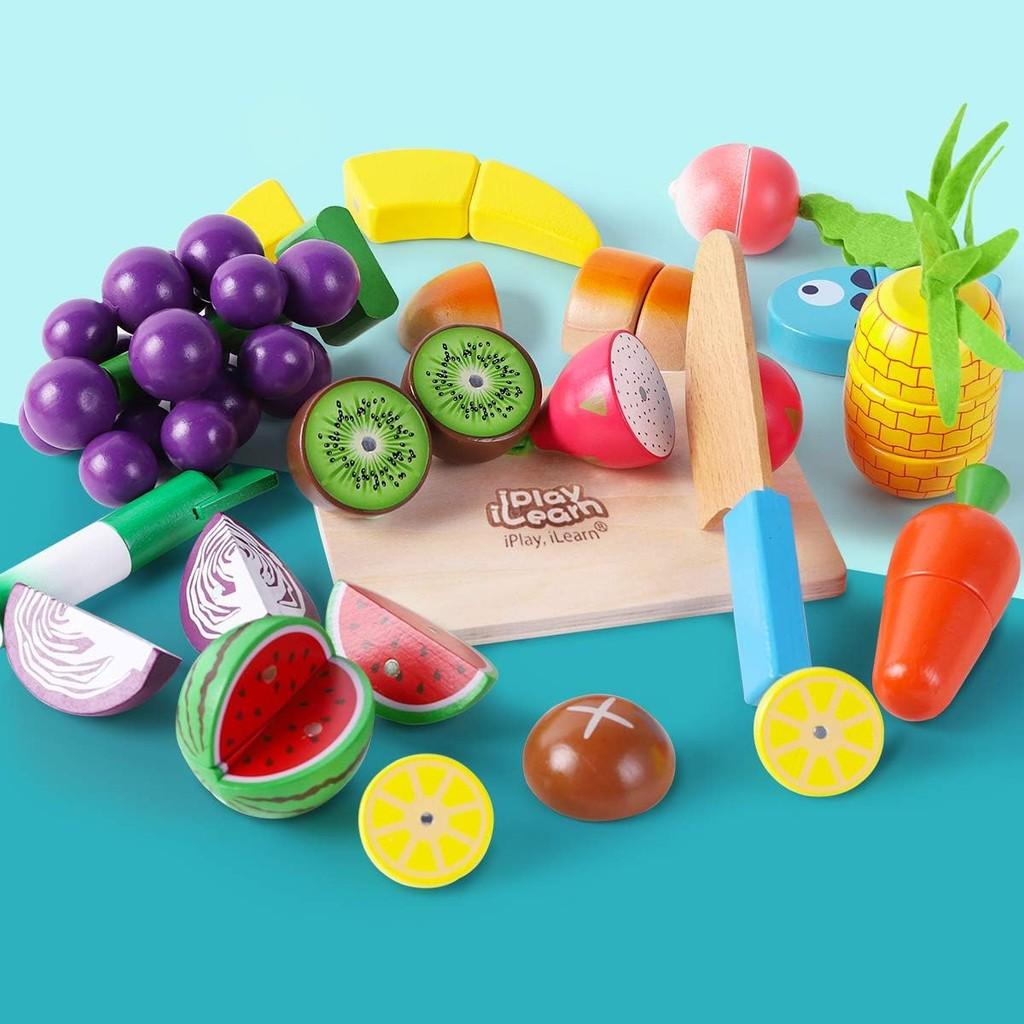 iPlay-iLearn Wooden Play Food Toy,Kids Wood Cutting Magnetic Fruit Vegetables,Toddler Cooking Food Set