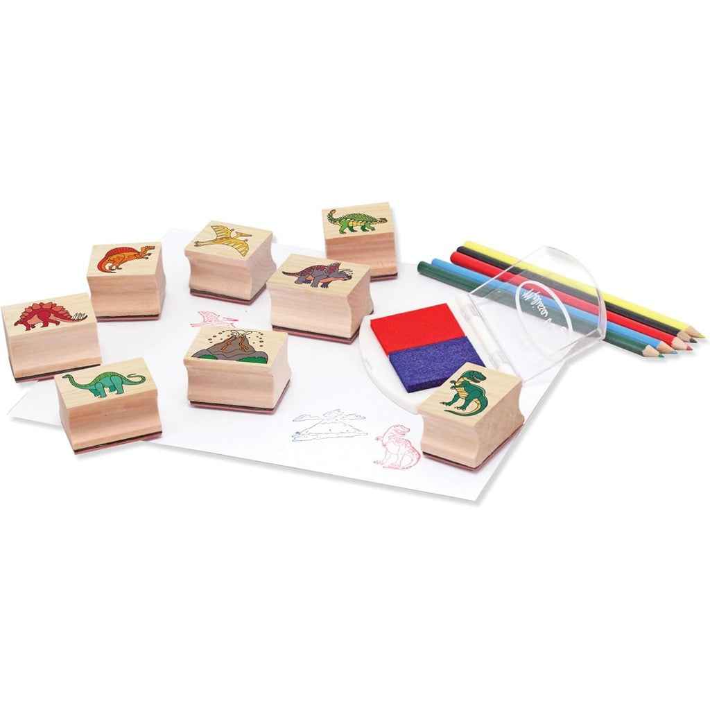 Melissa & Doug Wooden Stamp Set: Dinosaurs - 8 Stamps, 5 Colored Pencils, 2-Color Stamp Pad