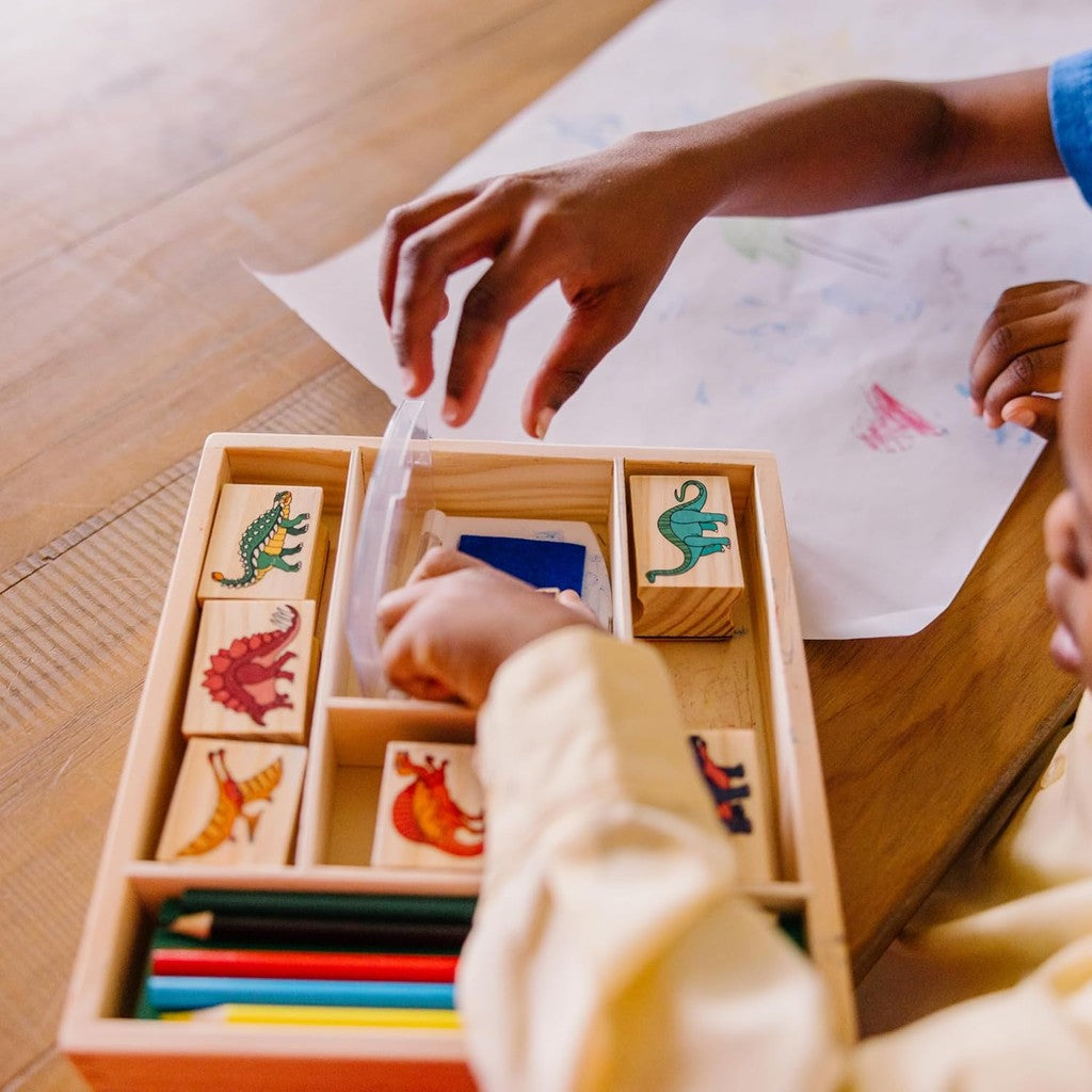 Melissa & Doug Wooden Stamp Set: Dinosaurs - 8 Stamps, 5 Colored Pencils, 2-Color Stamp Pad