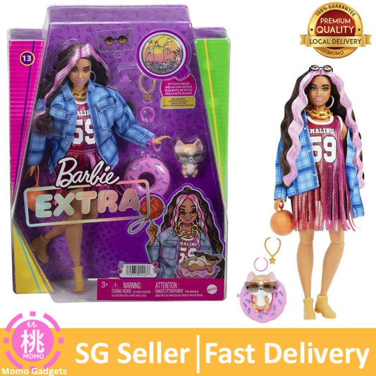 Barbie Extra Doll and Accessories with Pink-Streaked Crimped Hair in Jersey Dress with Pet Corgi