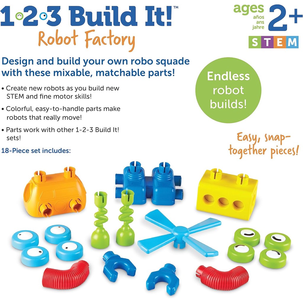 Learning Resources 1-2-3 Build It! Robot Factory, Fine Motor Toy, Robot Building Set for Unisex Children Ages 2+