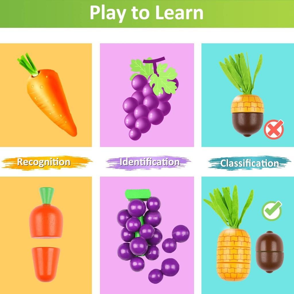 iPlay-iLearn Wooden Play Food Toy,Kids Wood Cutting Magnetic Fruit Vegetables,Toddler Cooking Food Set