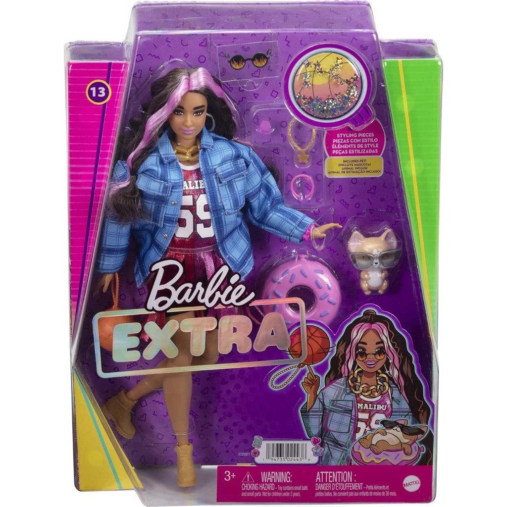 Barbie Extra Doll and Accessories with Pink-Streaked Crimped Hair in Jersey Dress with Pet Corgi