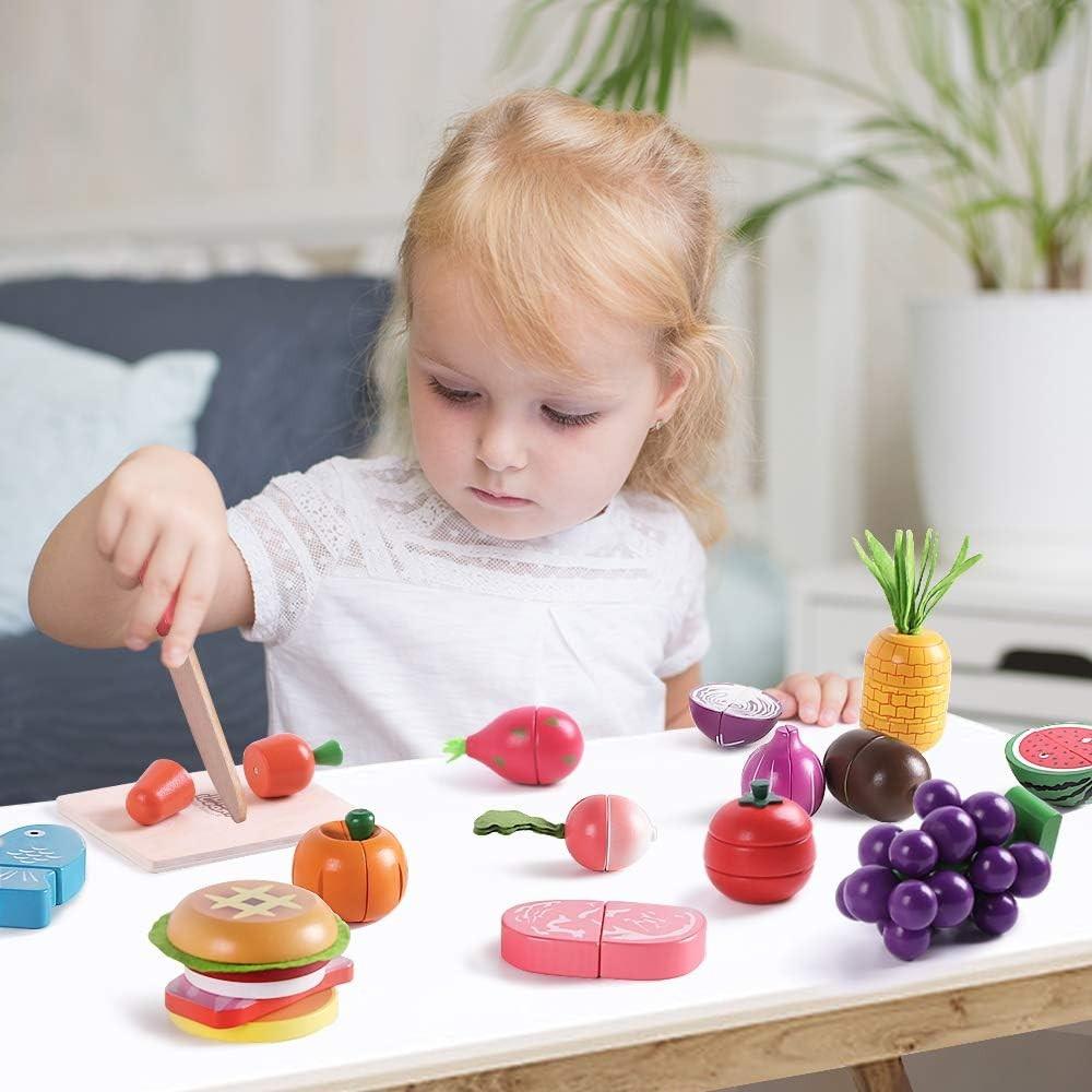 iPlay-iLearn Wooden Play Food Toy,Kids Wood Cutting Magnetic Fruit Vegetables,Toddler Cooking Food Set