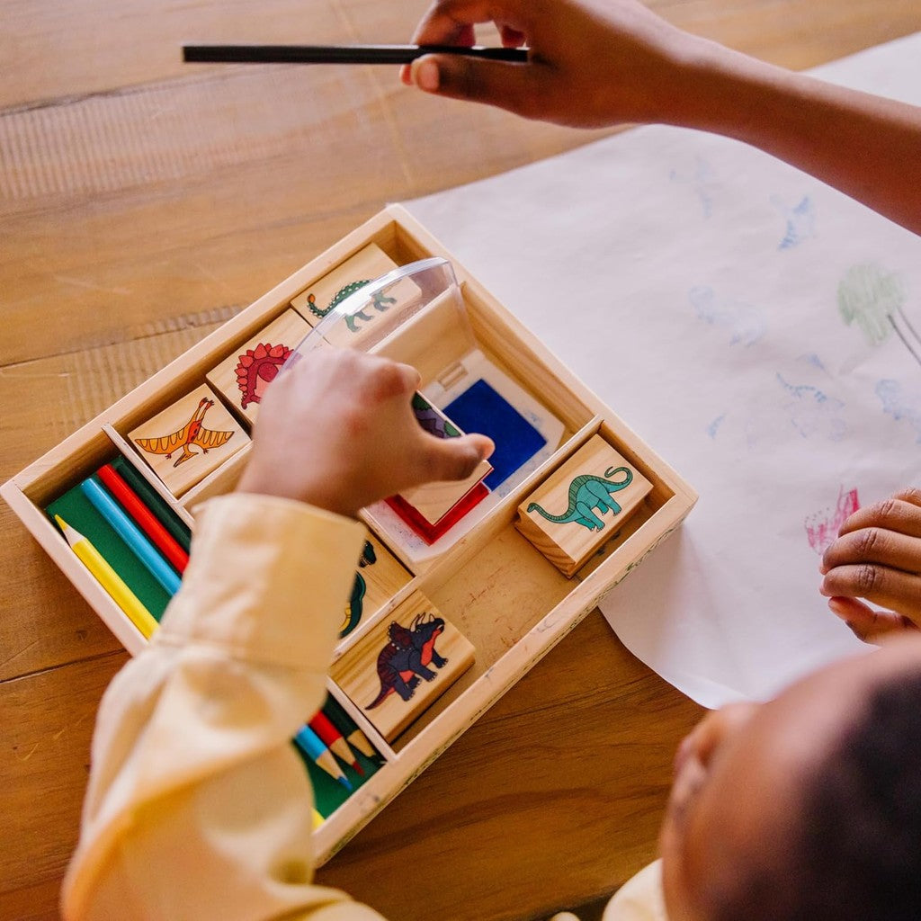 Melissa & Doug Wooden Stamp Set: Dinosaurs - 8 Stamps, 5 Colored Pencils, 2-Color Stamp Pad