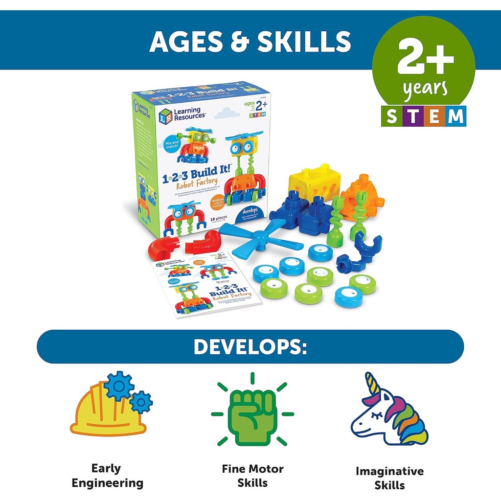 Learning Resources 1-2-3 Build It! Robot Factory, Fine Motor Toy, Robot Building Set for Unisex Children Ages 2+