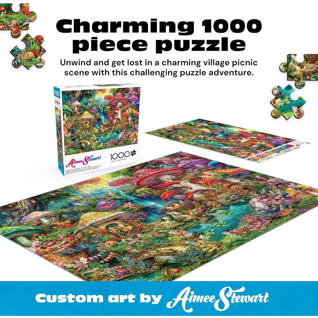 Buffalo Games - 1000 Piece Jigsaw Puzzle Aimee Stewart Merry Mushroom Village Picnic