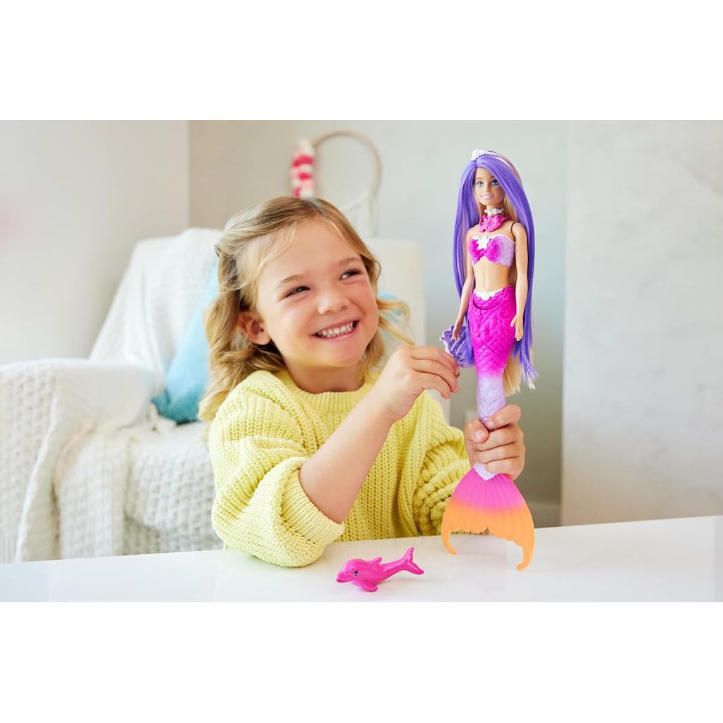 Barbie Mermaid Doll, “Malibu” with Pink Hair, Styling Accessories, Pet Dolphin and Water-Activated Color Change Feature