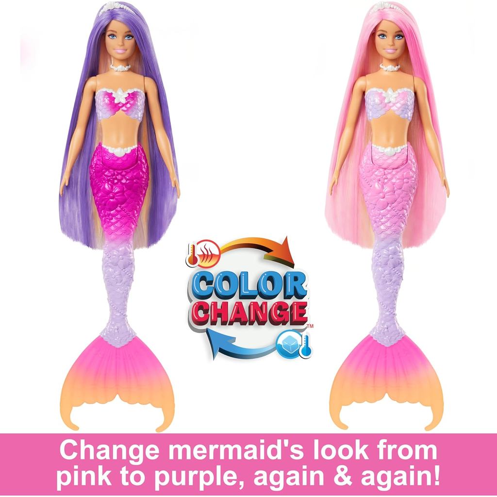 Barbie Mermaid Doll, “Malibu” with Pink Hair, Styling Accessories, Pet Dolphin and Water-Activated Color Change Feature