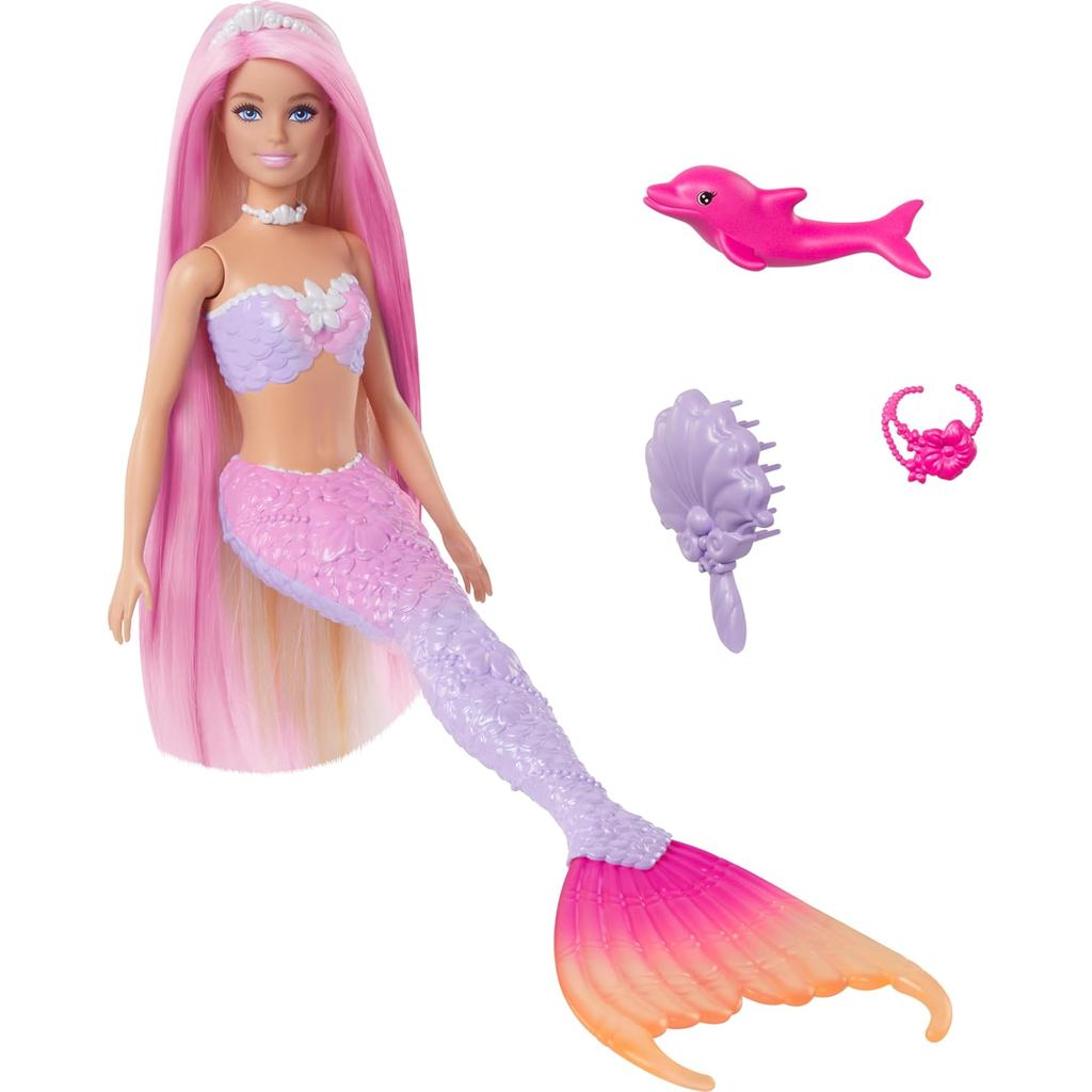 Barbie Mermaid Doll, “Malibu” with Pink Hair, Styling Accessories, Pet Dolphin and Water-Activated Color Change Feature