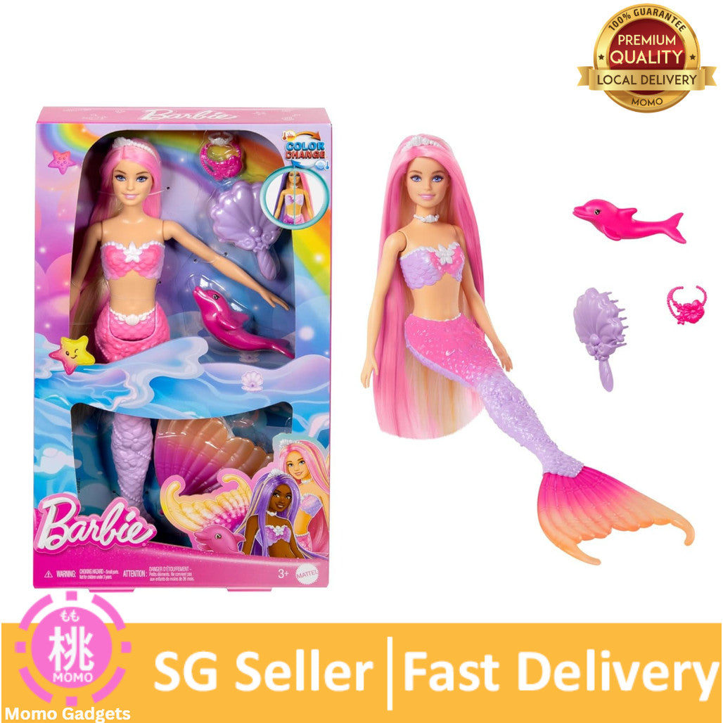 Barbie Mermaid Doll, “Malibu” with Pink Hair, Styling Accessories, Pet Dolphin and Water-Activated Color Change Feature