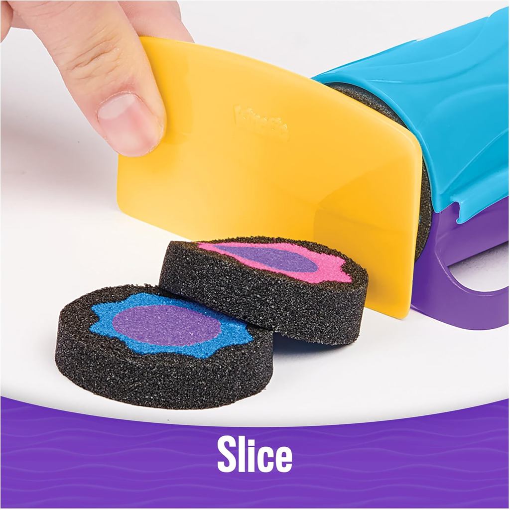Kinetic Sand, Slice N’ Surprise Set with 13.5oz of Black, Pink and Blue Play Sand and 7 Tools, Sensory Toys for Kids